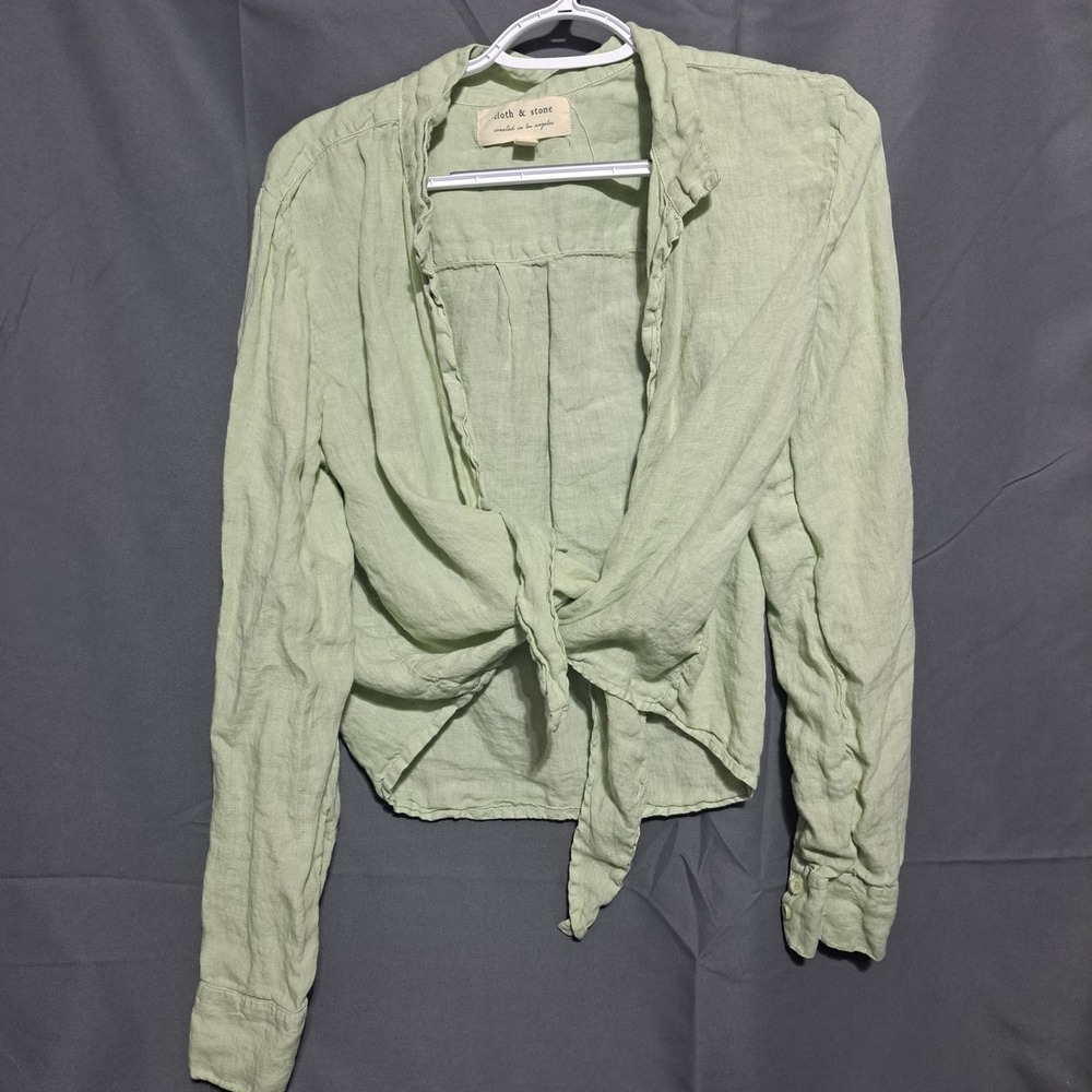Cloth & Stone Sage Green 100% Linen Tie Front Button Down Shirt Anthropologie LG